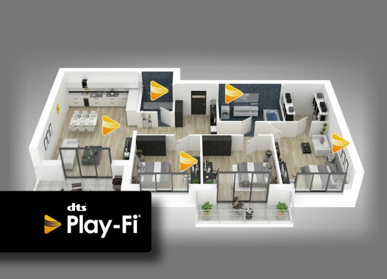 TX-RZ50 AV Receiver in a modern living room with Klipsch home theater system with sound waves and the DIRAC Live logo