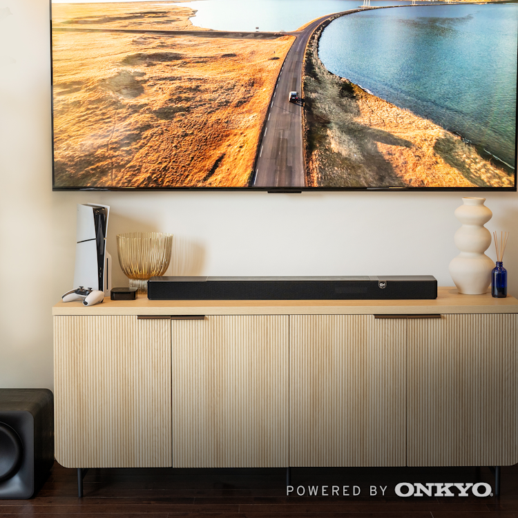 Klipsch Flexus Core 200 in modern living room 2000x2000 logo v02