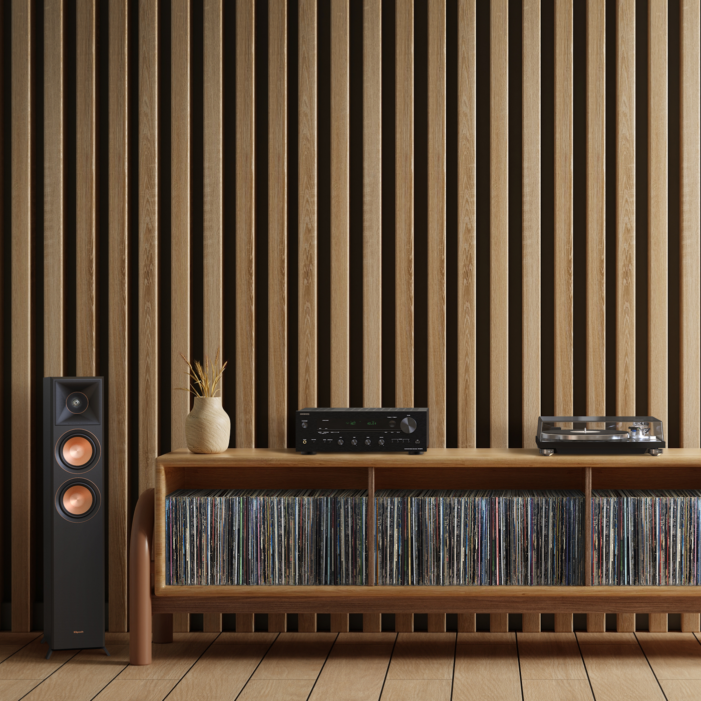 Onkyo Black TX 8470 and RP 5000 F against Wood Panel Wall 2000x2000