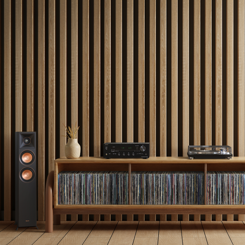 Onkyo Black TX 8470 and RP 5000 F against Wood Panel Wall 2000x2000