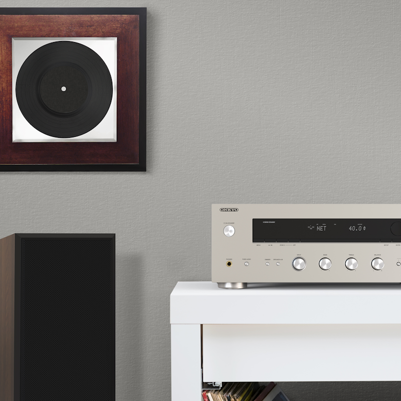 Onkyo TX 8470 MJJ and Klipsch RP 5000 F Beside Record Art 2000x2000